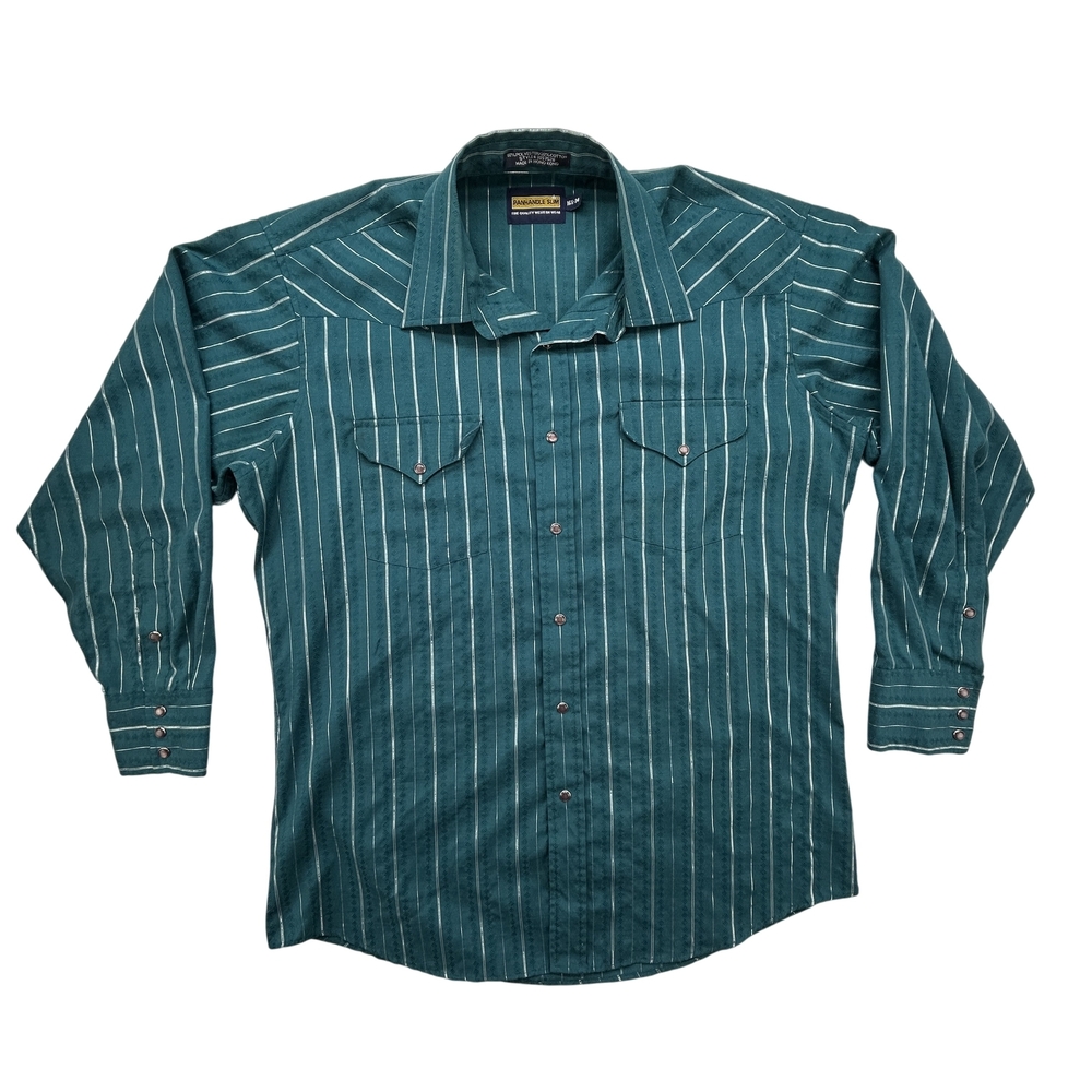 Panhandle Slim Shirt Mens 16.5-34 Western Pearl Snap Green Stripe 80s Vintage